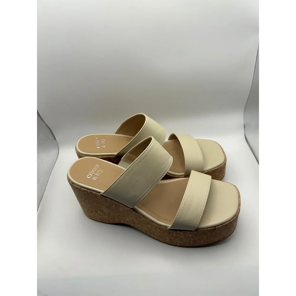 Crown Ivy Felicia Cream Wedge Slide Sandals Women's Size‎ 6.5 M Cork Platform